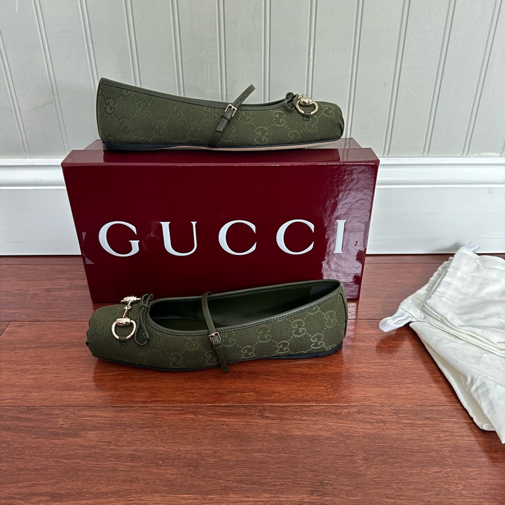 Gucci Horsebit GG Logo Monogram Canvas Mary Jane Ballet Flats Shoes Eu 38 US 8